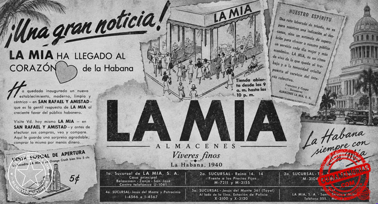Composición histórica de los Almacenes La Mía a partir de un anuncio publicado en La Habana en 1940.