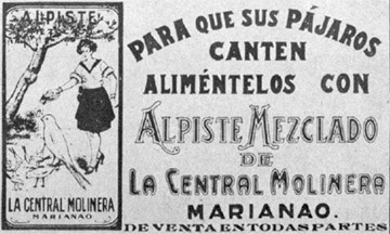 Anuncio de Alpiste Mezclado de La Central Molinera para la alimentación de pájaros, publicado en 1930.