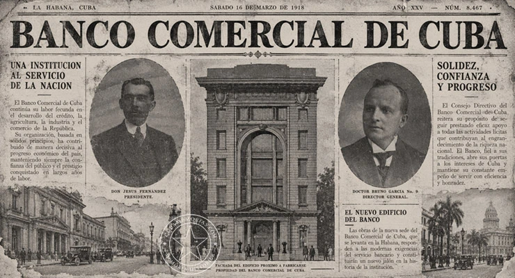 Composición de estilo periodístico sobre el Banco Comercial de Cuba, basado en una página ilustrada de 1918