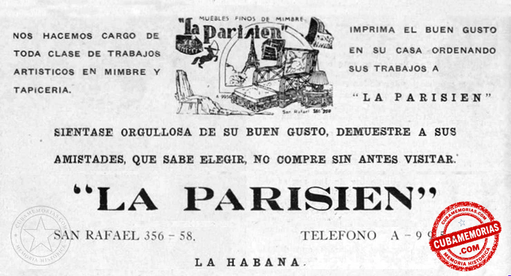 Publicidad de La Parisien, fábrica de muebles finos de mimbre y tapicería situada en San Rafael 356-358, La Habana, 1948.