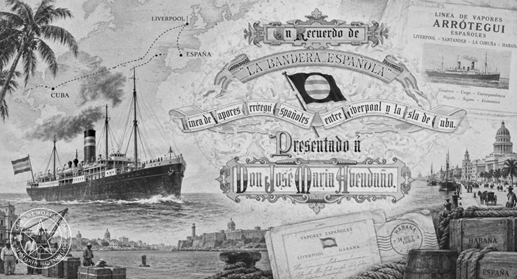 Composición ilustrativa sobre la Línea de Vapores Arrótegui entre España y Cuba, con referencia a La Bandera Española y al tráfico marítimo con La Habana.