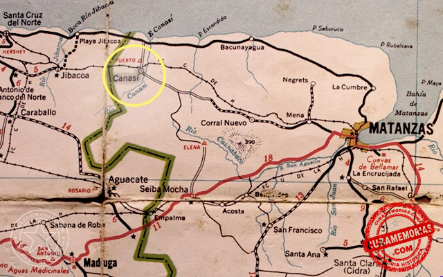 Plano de ubicación de Arcos de Canasí en la provincia de Matanzas durante la década de 1950.